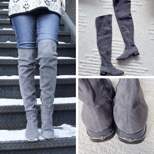 Tory Burch MULTI LOGO STRETCH Over The Knee Boots OTK Gray Suede Low Heel US 7.5